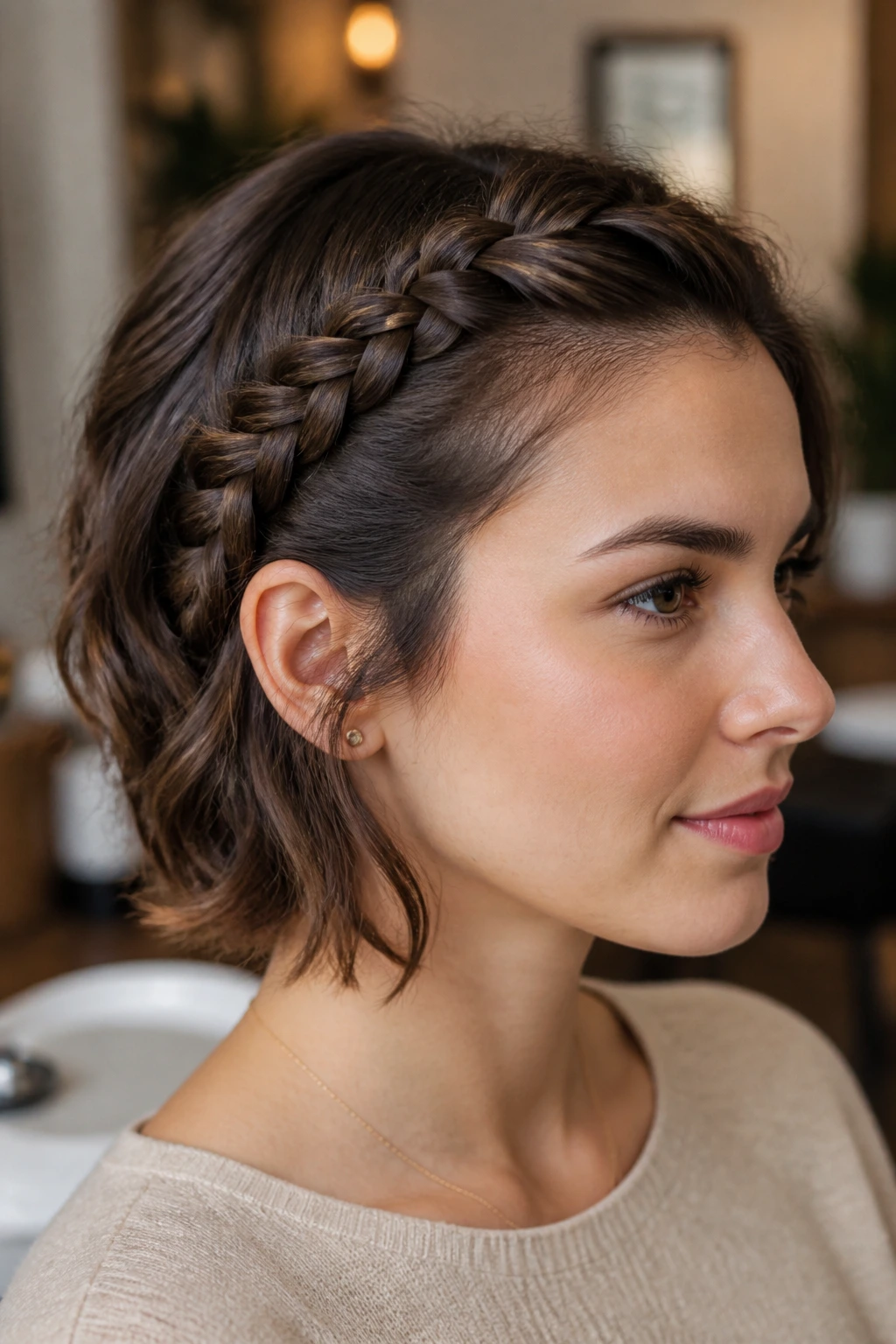 Close up of a real person showing a headband French braid across the crown.