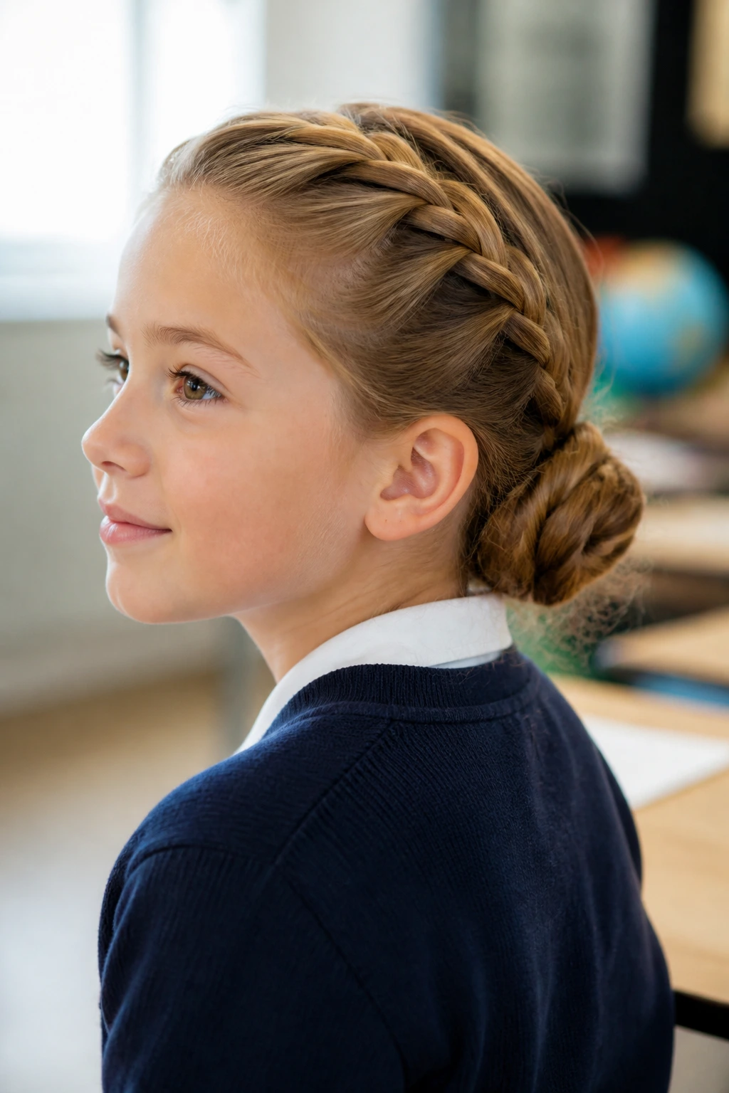 Child with a French braid fed into a low bun at the nape.