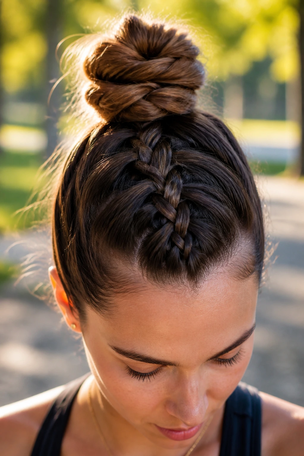 Close-up of a real woman with a French braid feeding into a knot hairstyle.