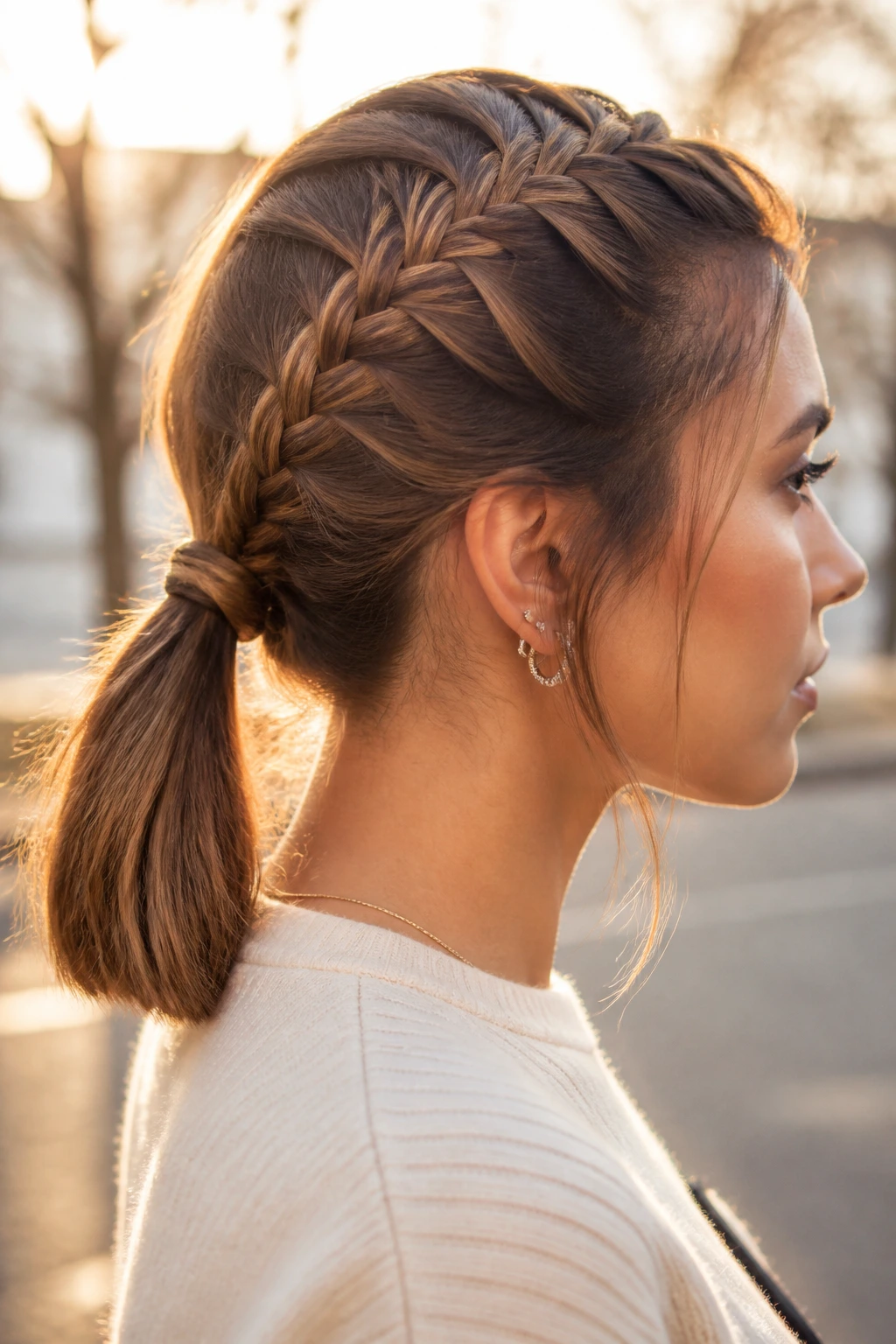 Side-profile of a person with a French braid flowing into a ponytail on a lob.