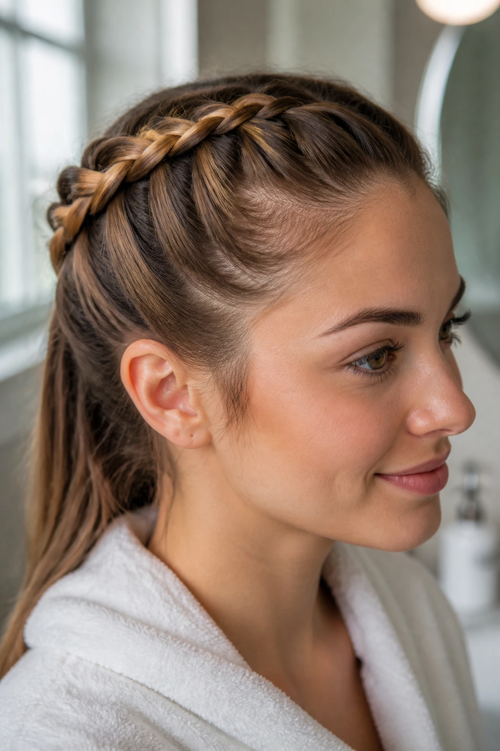 Close-up of a person wearing a French braid keeping hair off the face