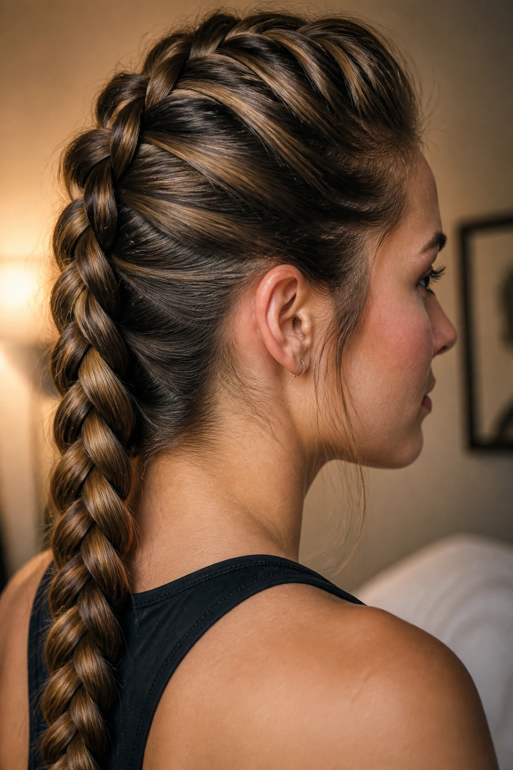 Portrait of a person wearing a French braid showing how braids control long hair