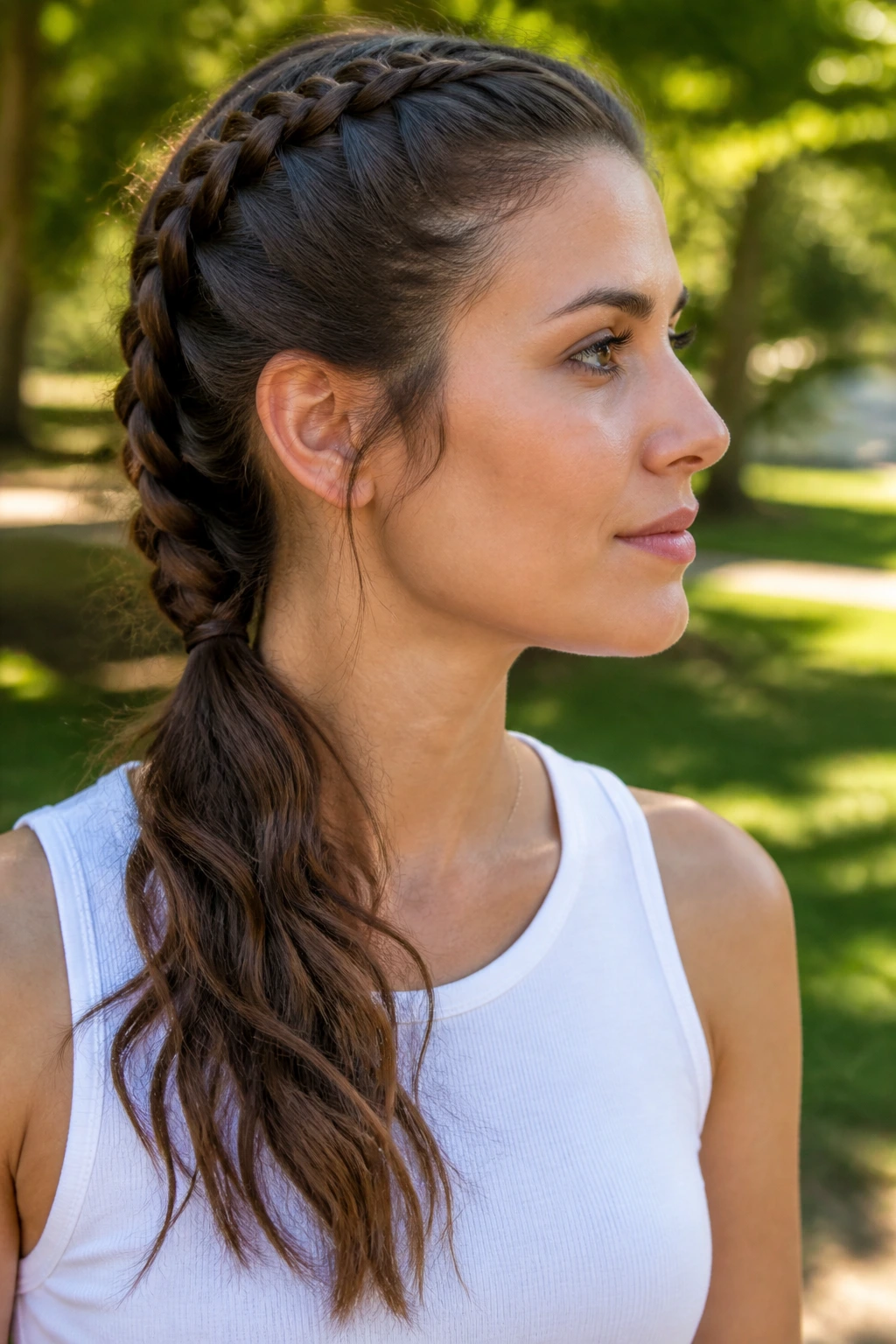 Close-up of a real woman with a French braid flowing into a loose tail over the shoulder.