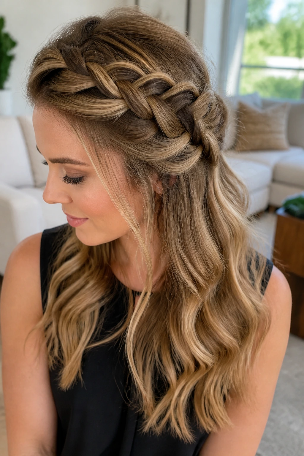 Close-up of a real person with a crown braid that becomes loose waves.