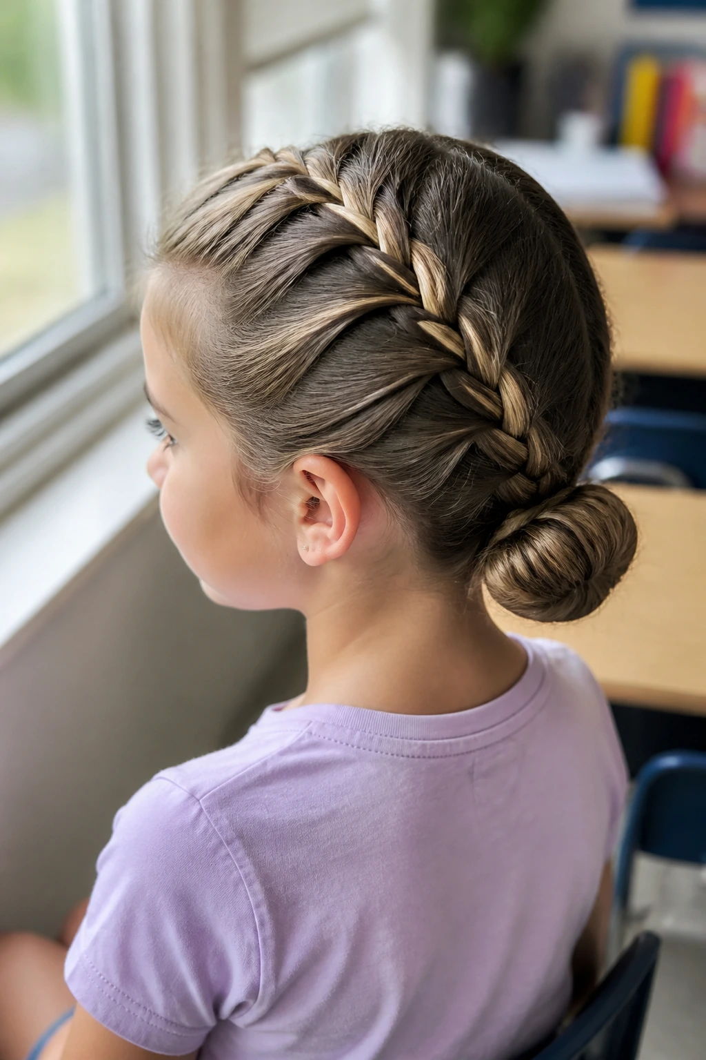 Close-up of a real girl with a crown-to-nape French braid ending in a low bun