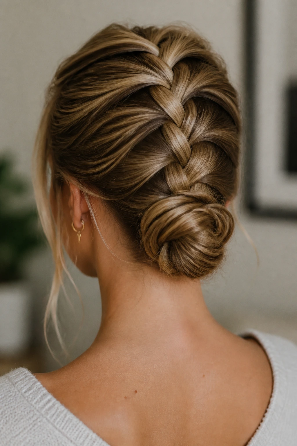French braid forming a low bun at the nape on real person