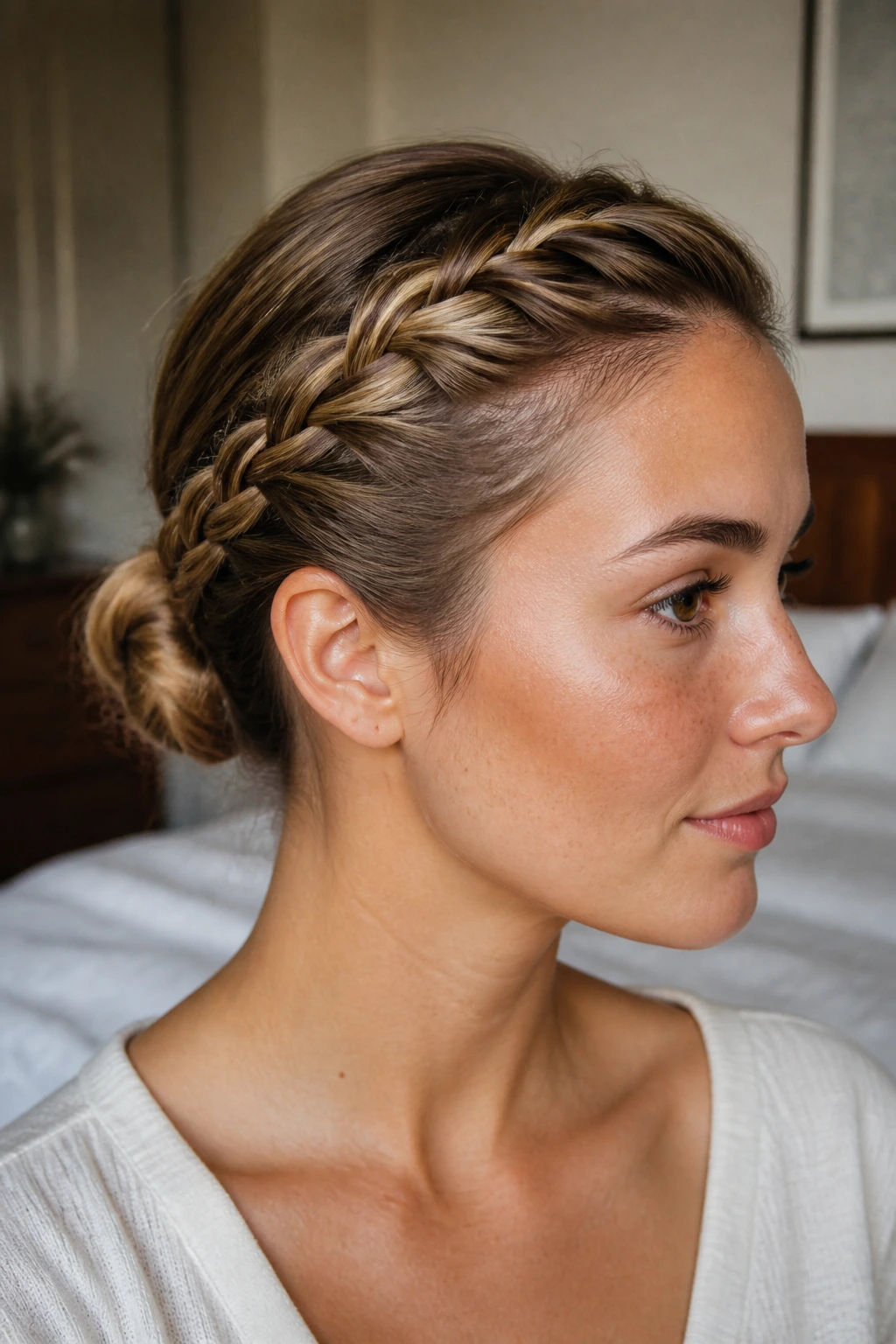 Close-up of a woman with a French braid leading into a low bun
