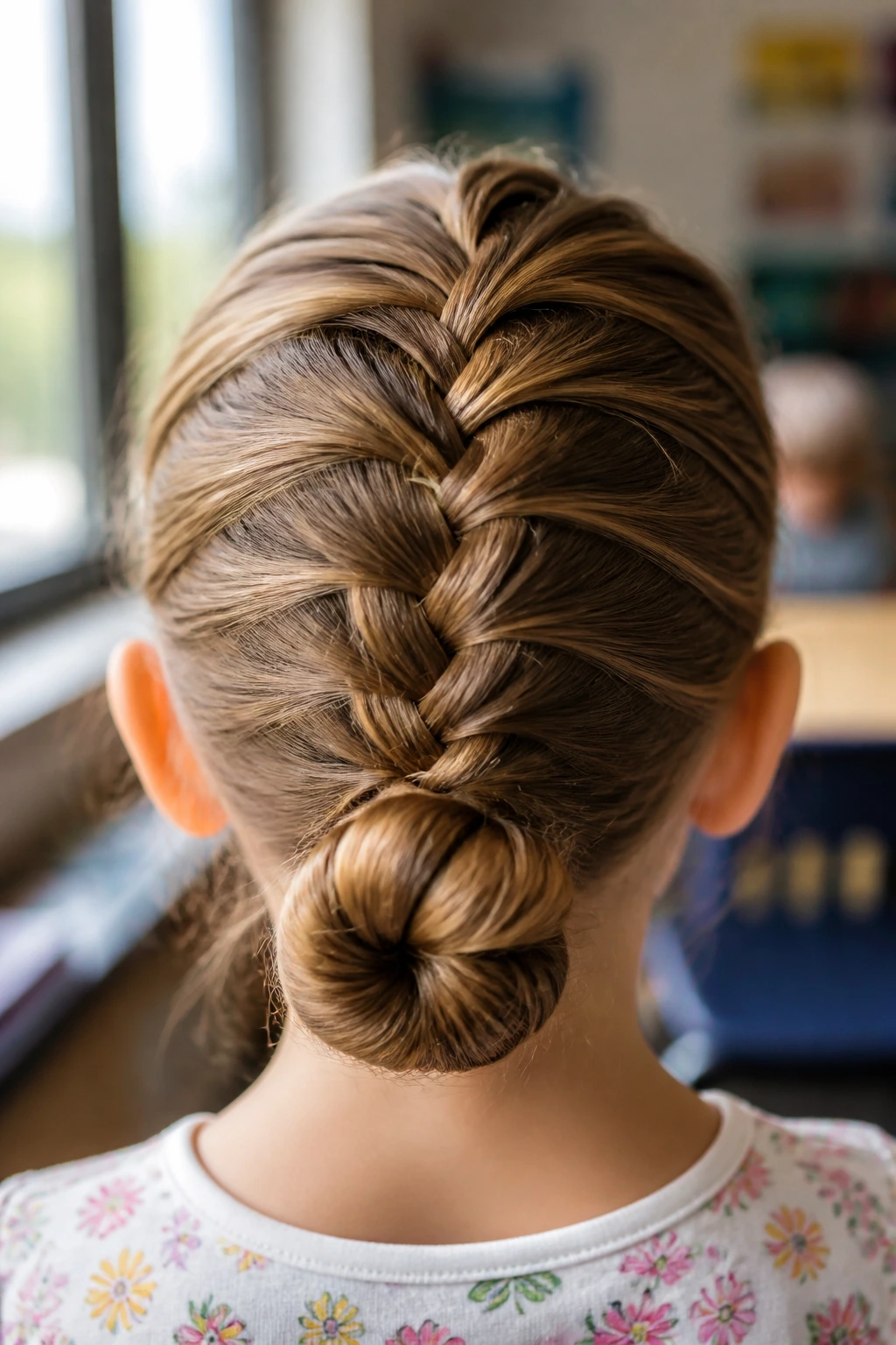 Back view of real child with French braid into a low bun.
