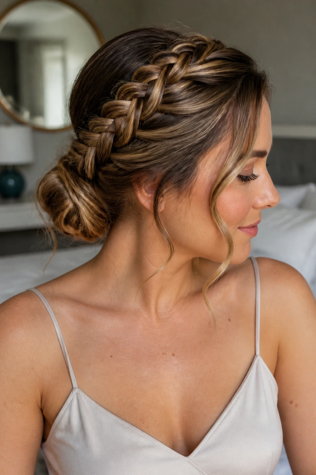 Close up of french braid into low chignon with tendrils on a real woman