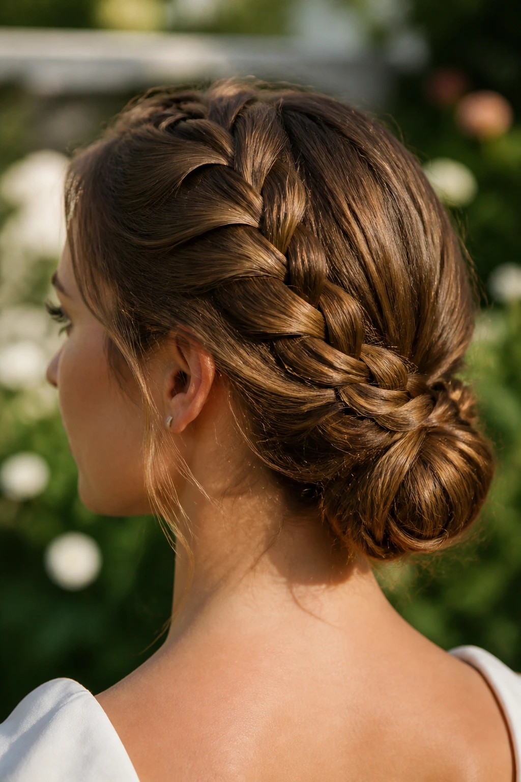 Portrait of a real person with crown French braid into a low chignon in natural daylight.