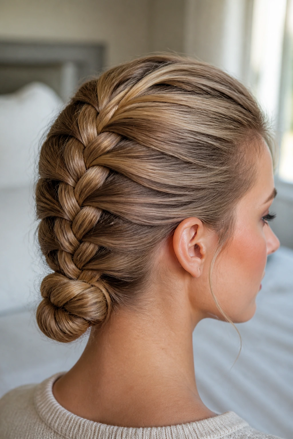 Close-up of a woman with a French braid turning into a low knot at the nape