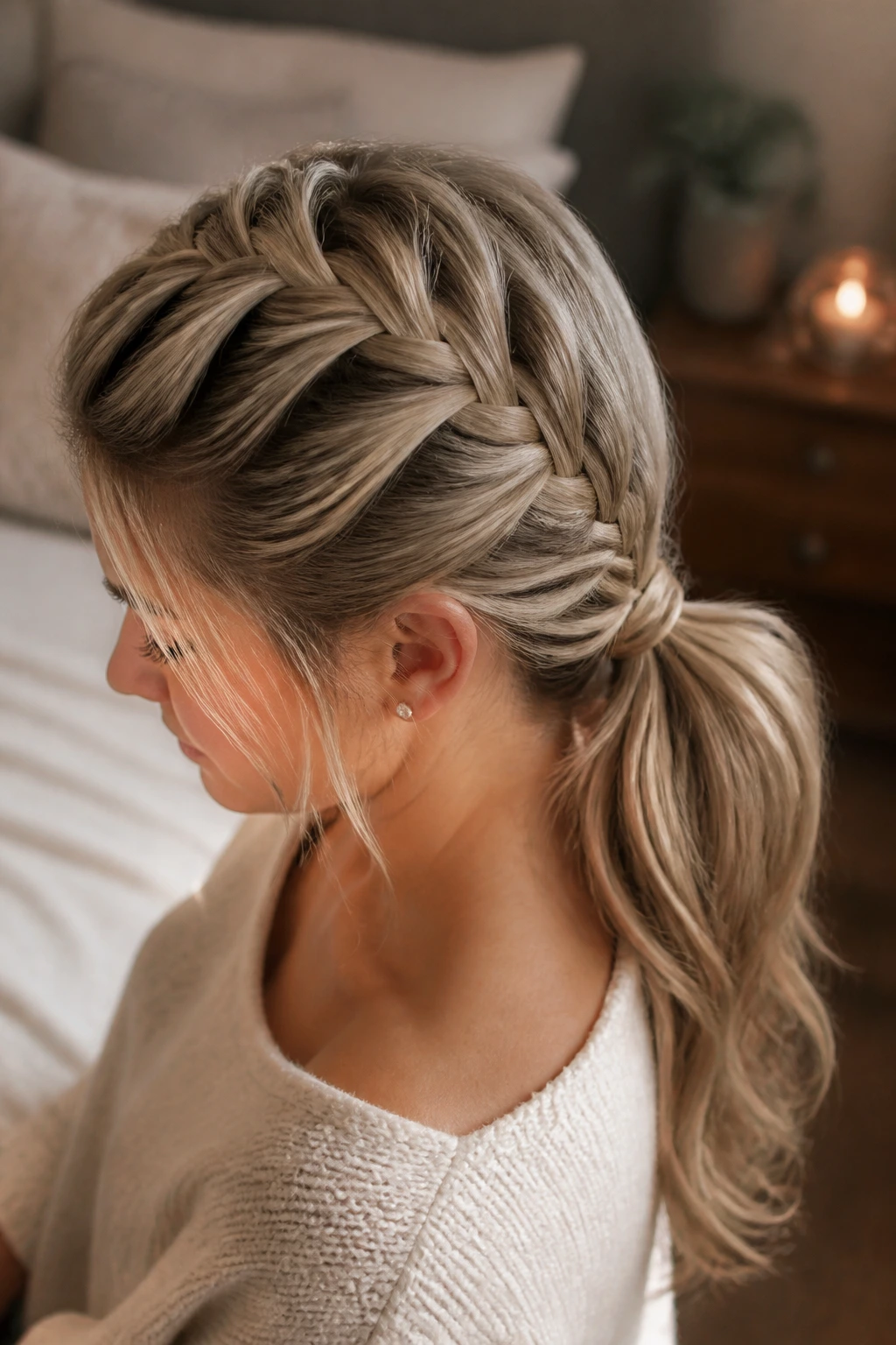 Close-up of a real woman's French braid feeding into a low ponytail at the nape