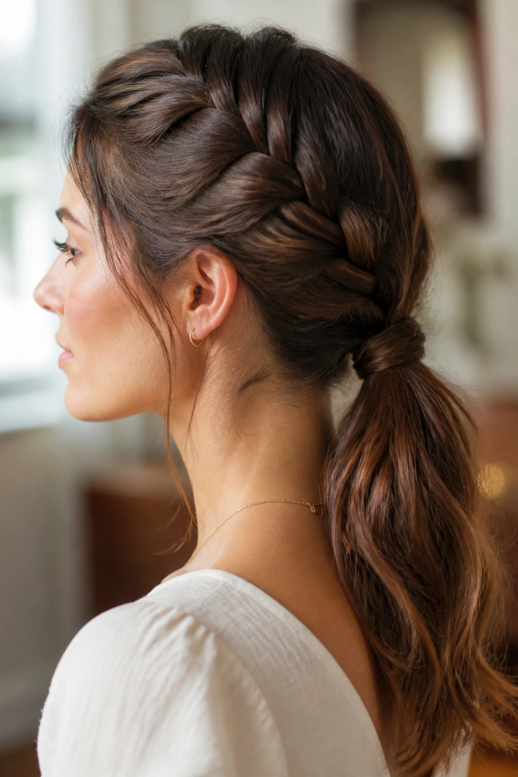 French braid ending at nape forming a low ponytail