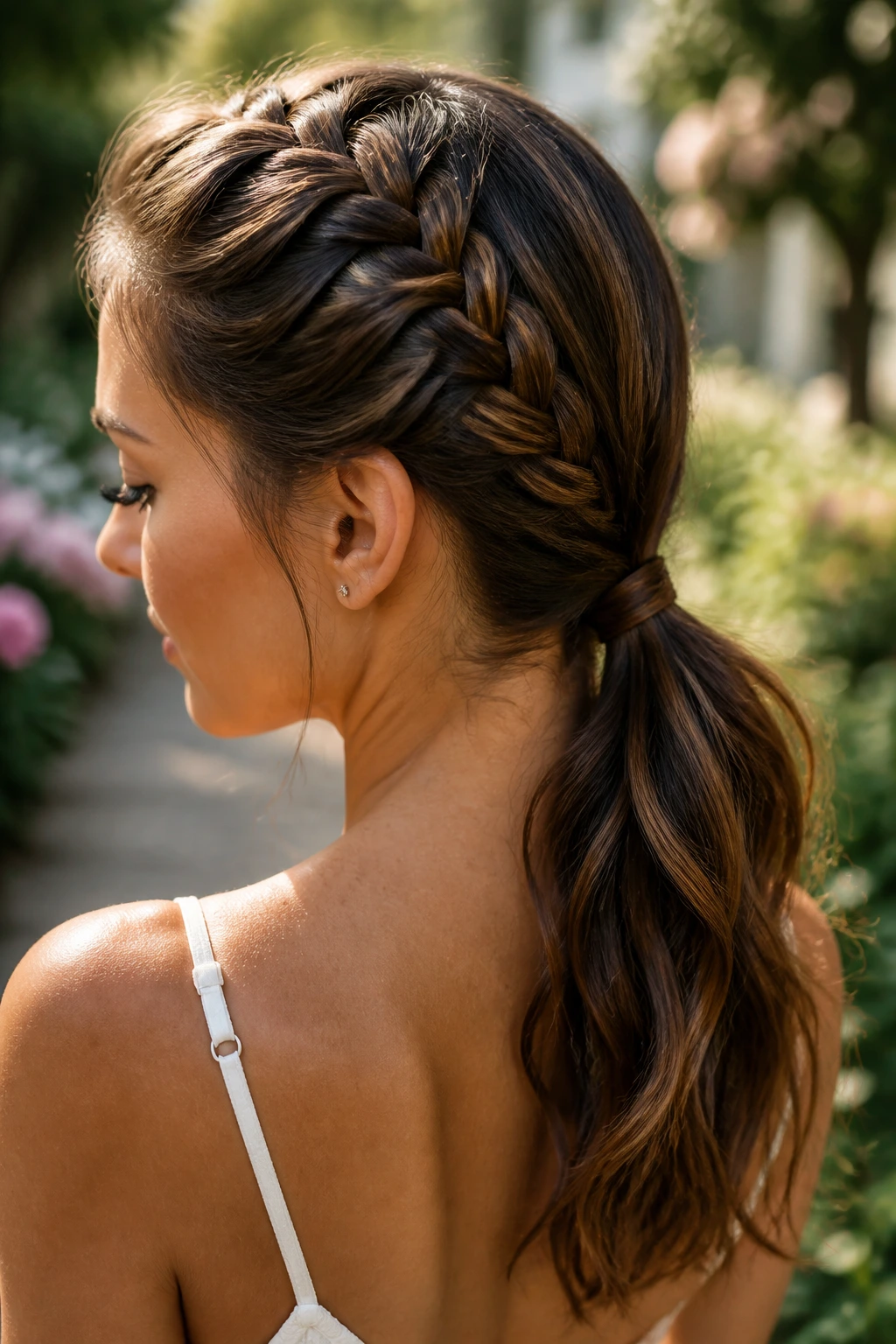 Close-up of a real woman with a French Braid into a Low Tail in natural sunlight