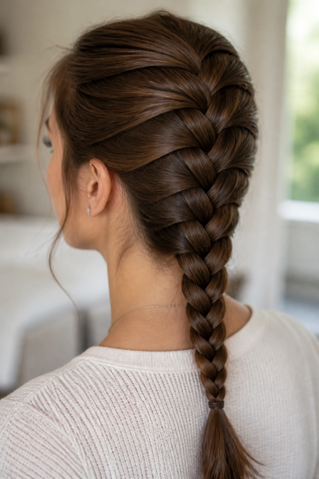Close-up of real person with a classic French braid on medium-length hair