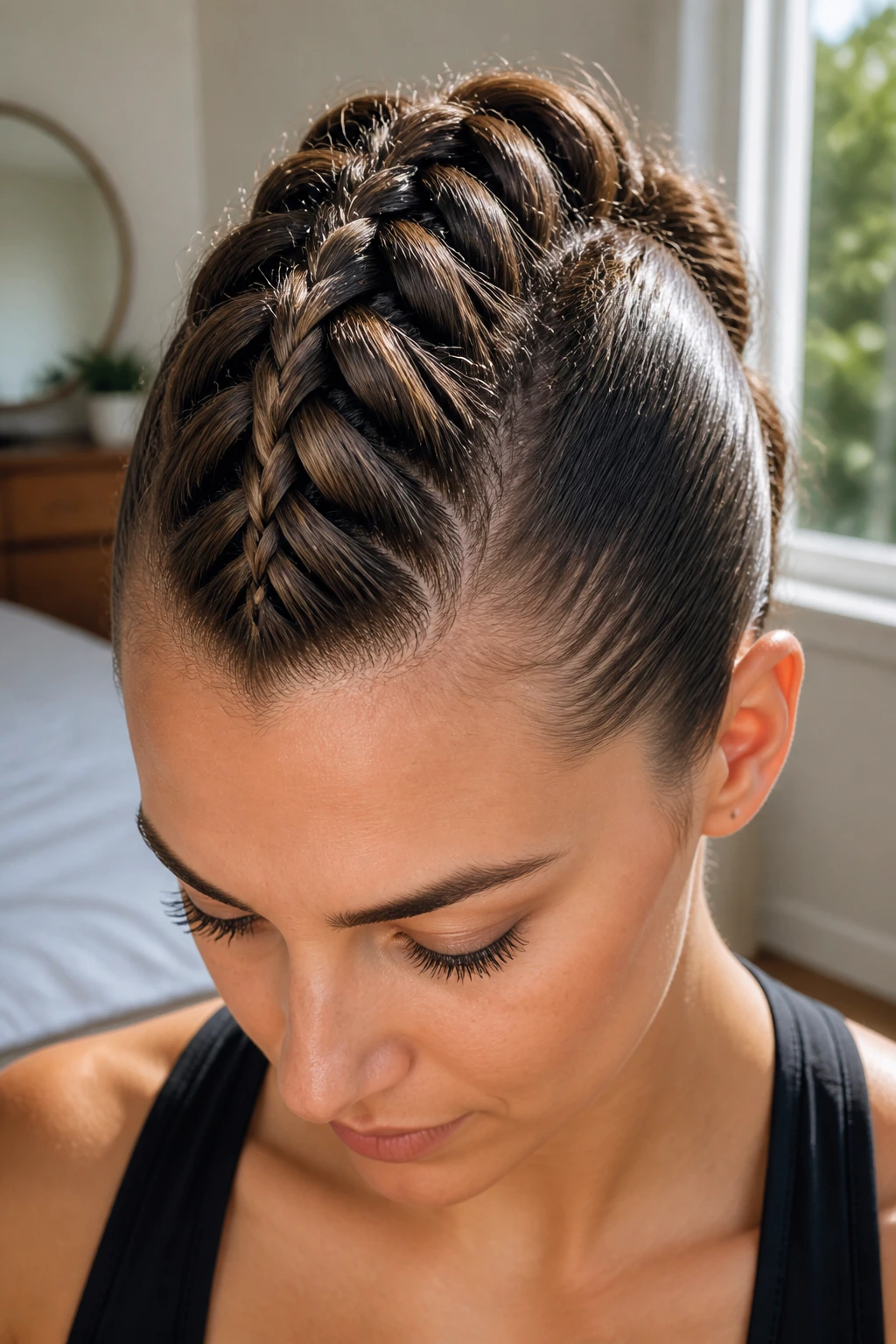 Close-up of a real woman with a bold French Braid Mohawk from forehead to nape