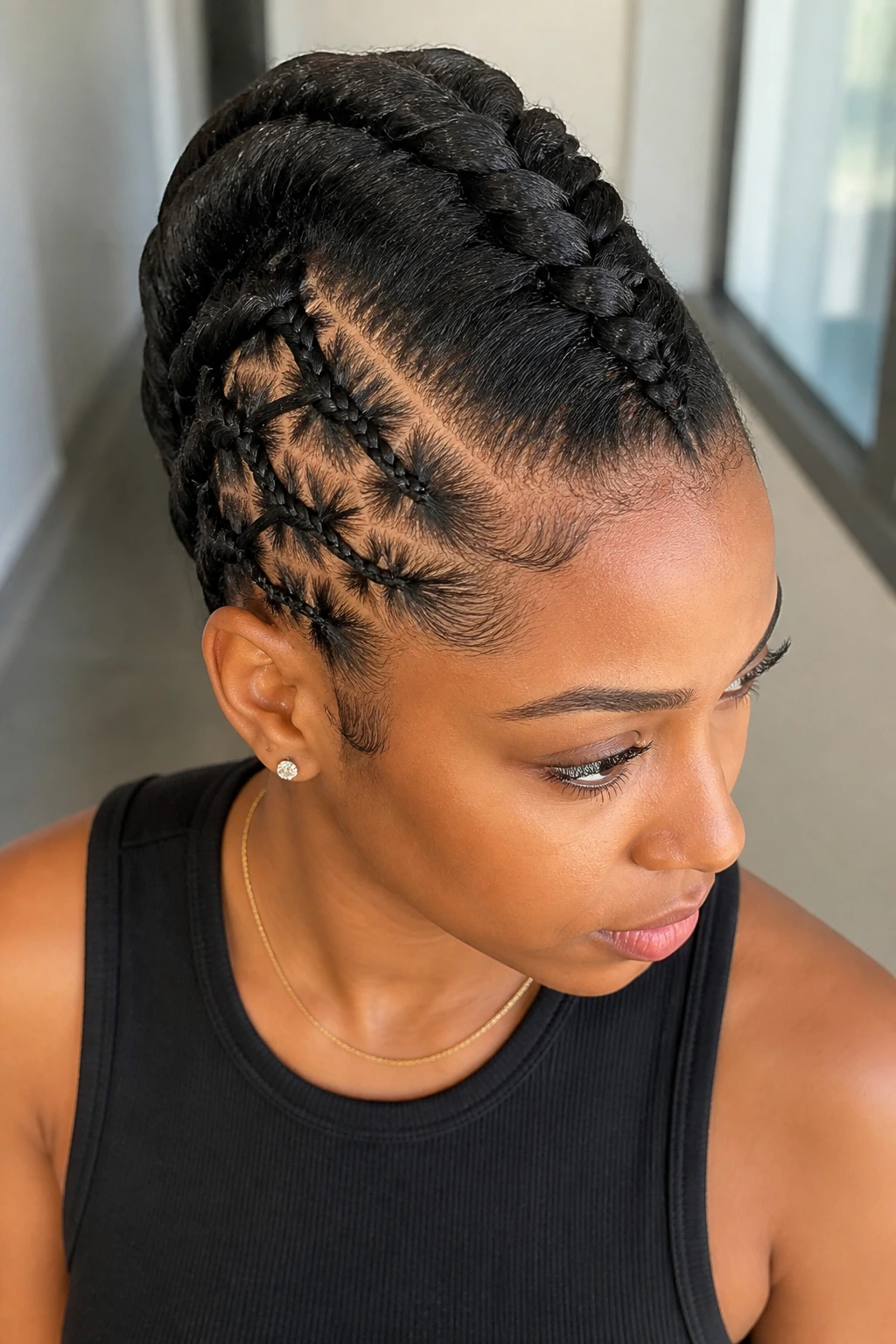 Close-up of a person with French Braid Mohawk with Laced Sides in a bright interior