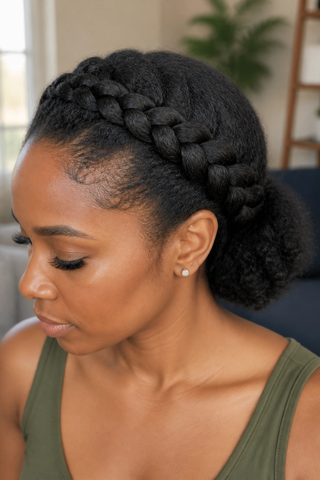 Close up of French braid for natural hair on a real woman with textured hair