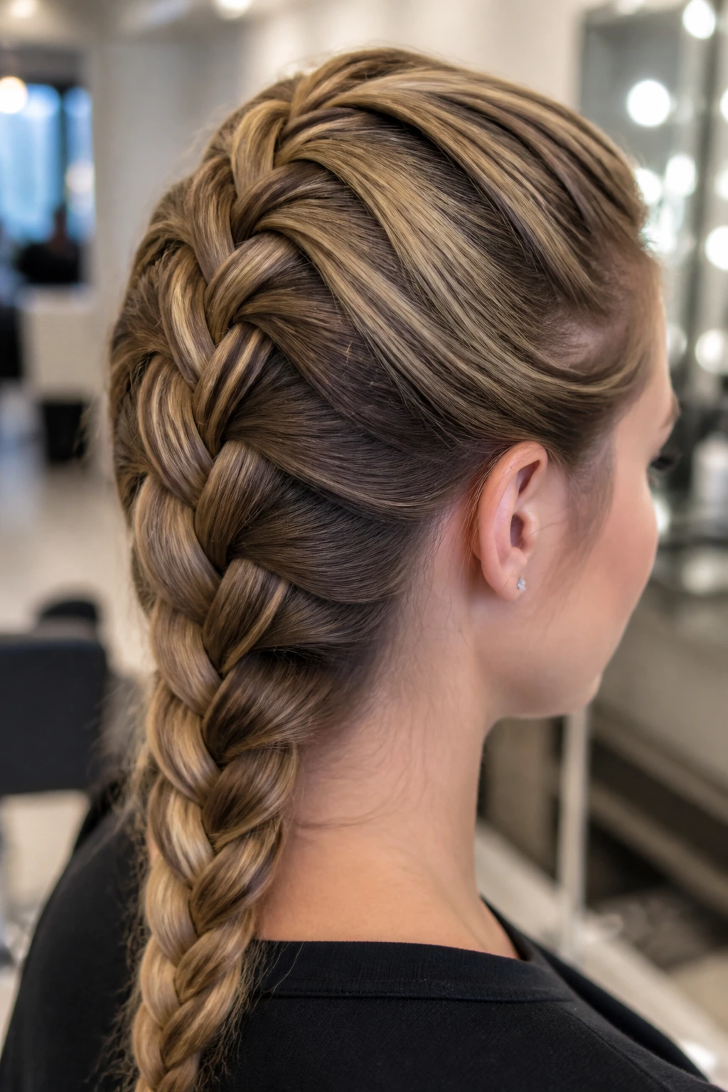 Close-up of a real woman's head showing an anchored French braid pattern
