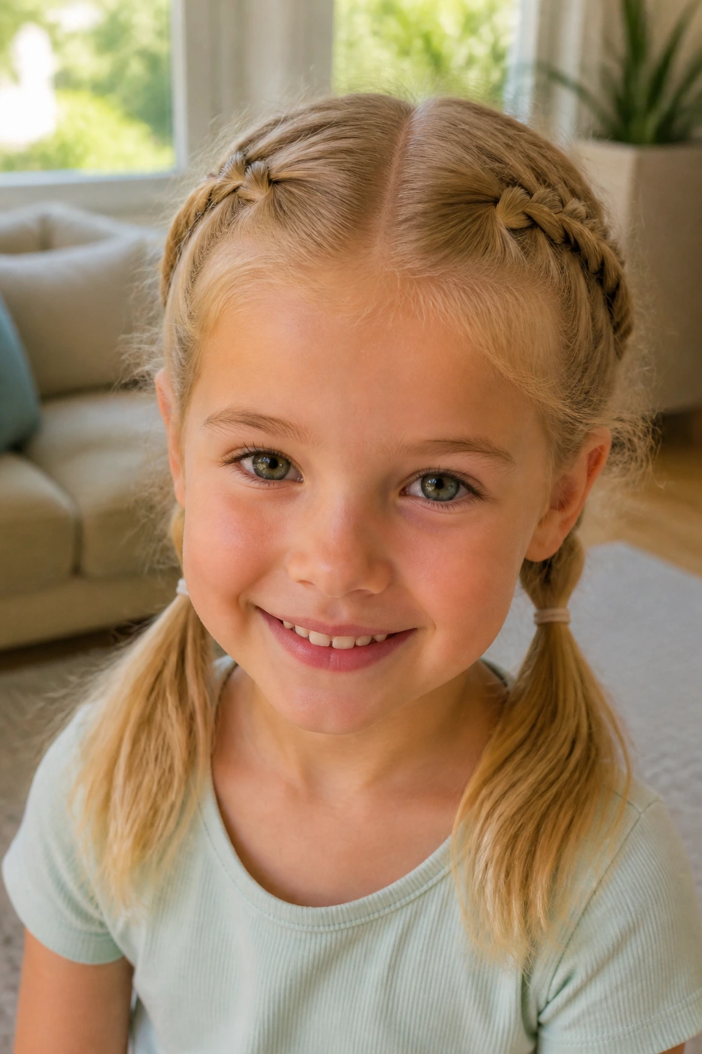 Blonde child with French braid pigtails