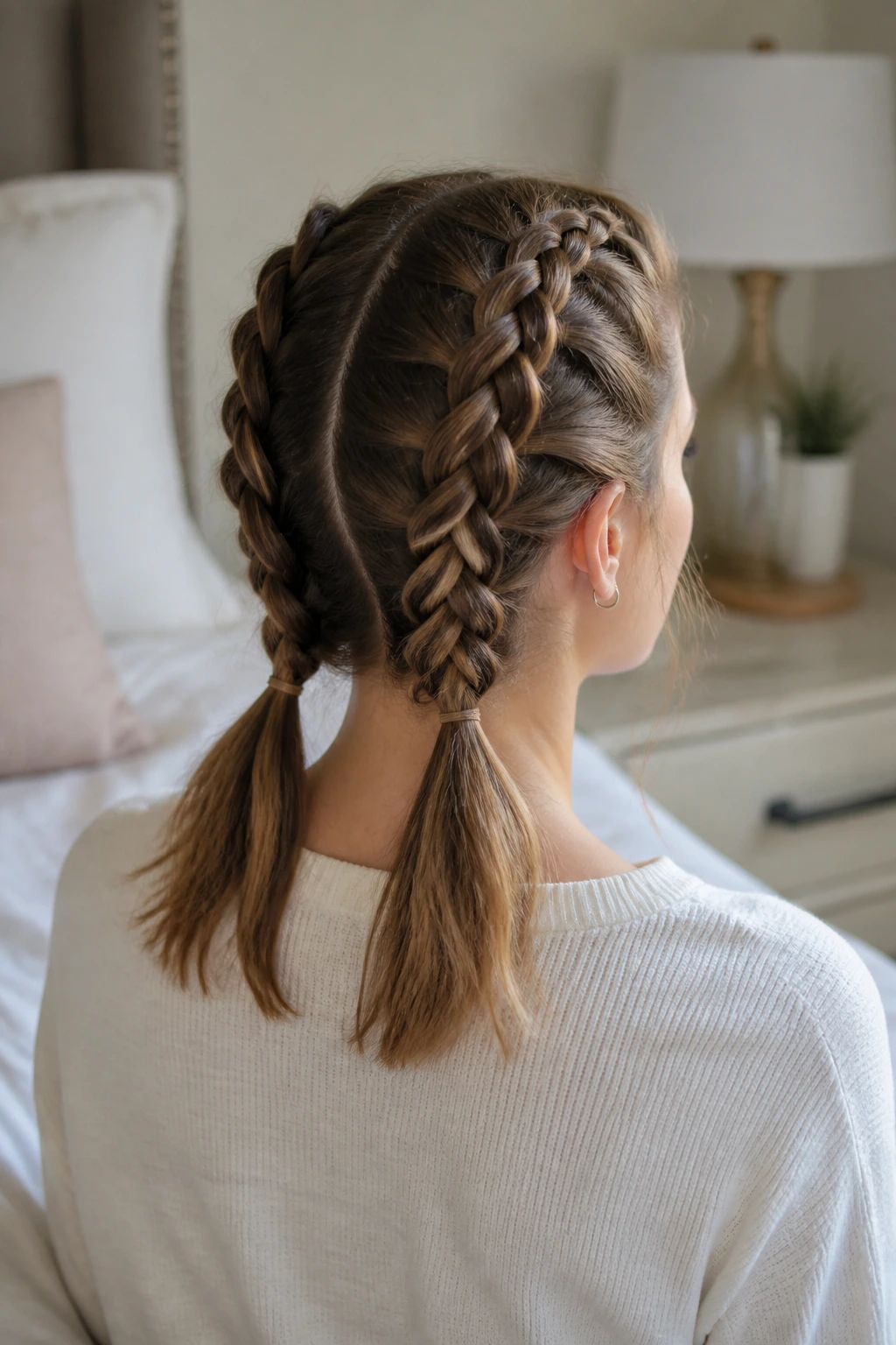 Rear three-quarter view of a real woman with two French braids forming pigtails