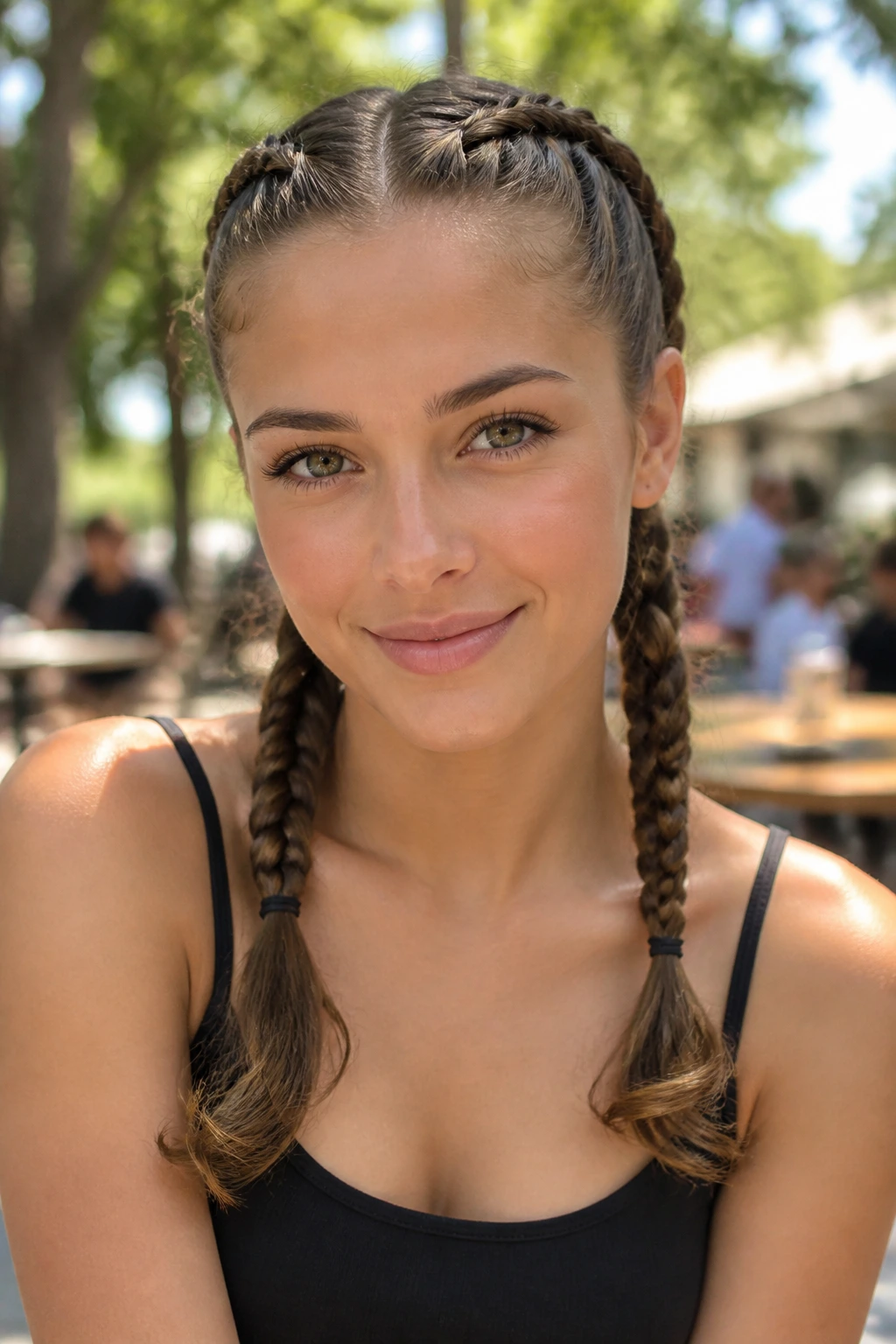 Close-up of a real person with two French braids starting near the temples into the shoulders.