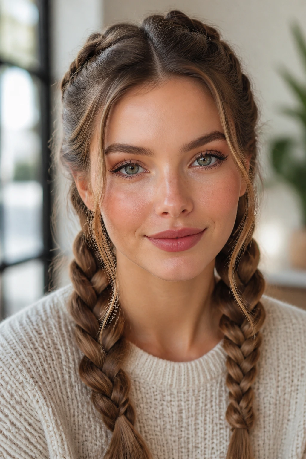 Close-up of a real woman with French braid pigtails beside the cheeks