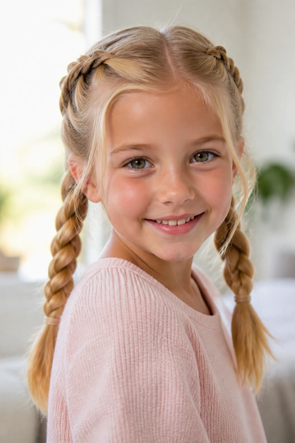 Close-up of a real girl's French braid pigtails hairstyle suitable for school play and picture day