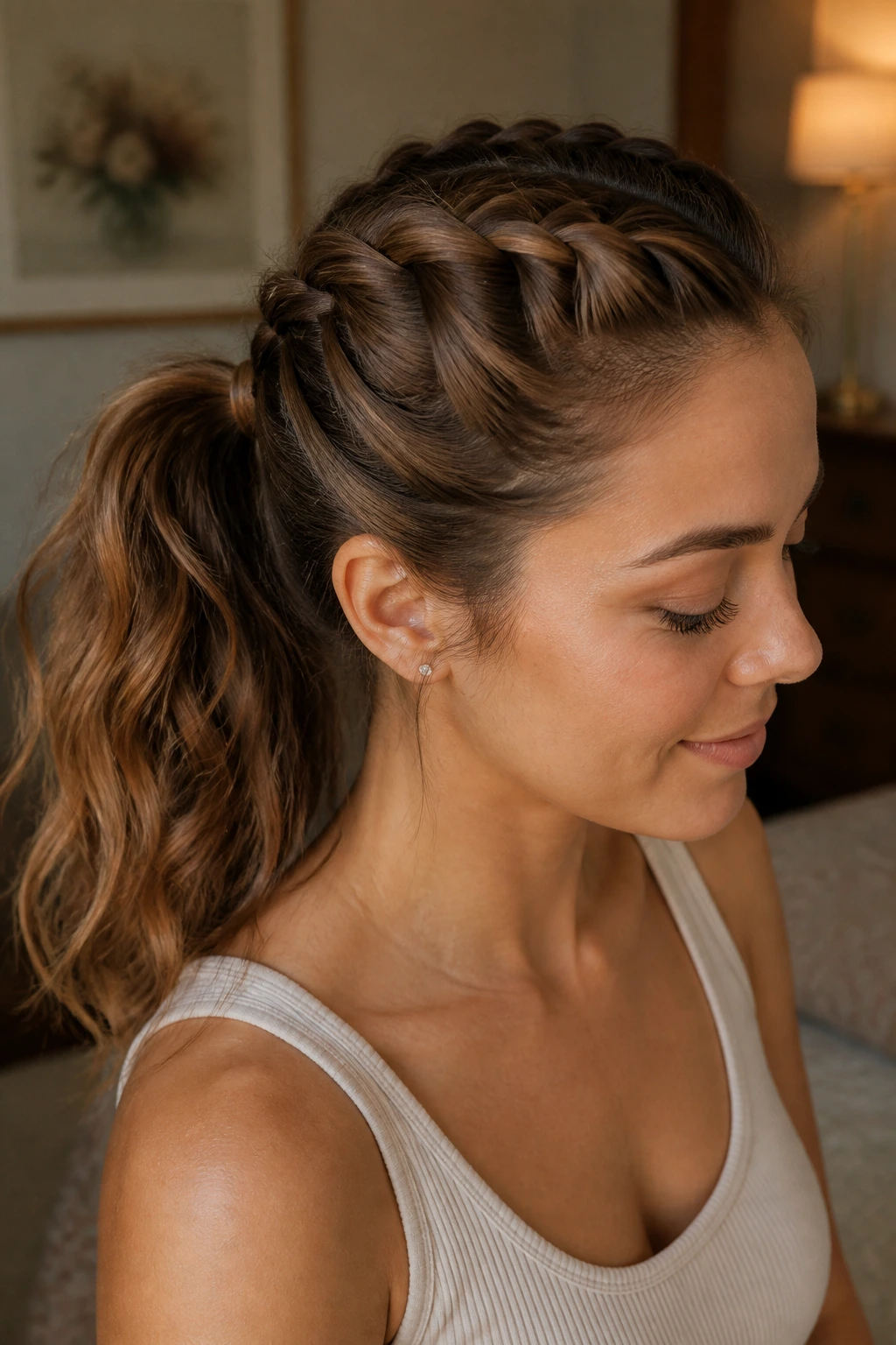 Close-up of a real woman with a French braid leading into a ponytail