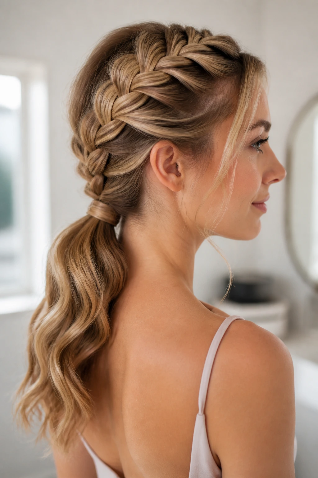Real woman with French braid flowing into a low ponytail