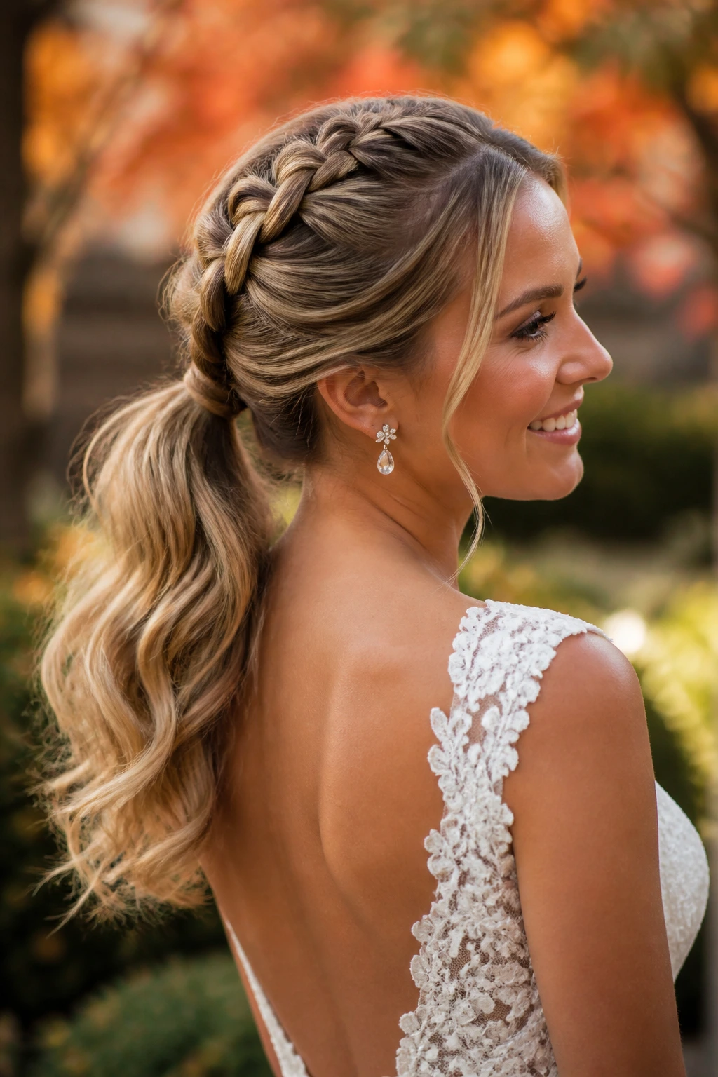 Bride with sleek French braid into a ponytail in a garden setting