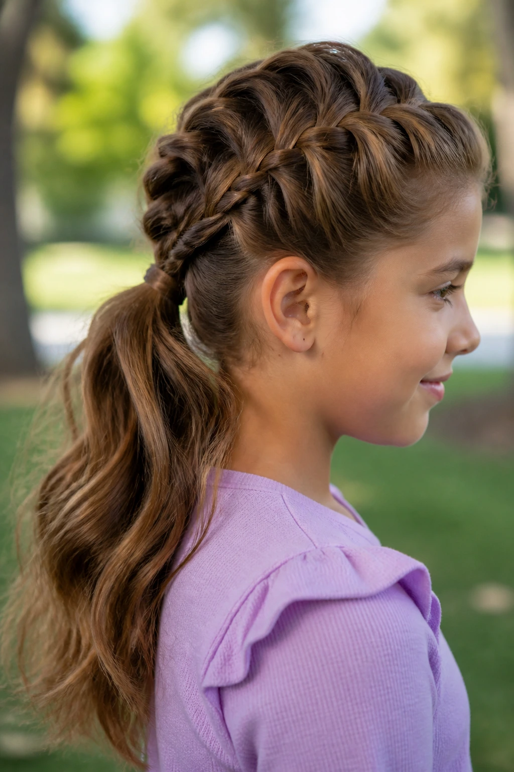 Girl with a French braid flowing into a ponytail in a park
