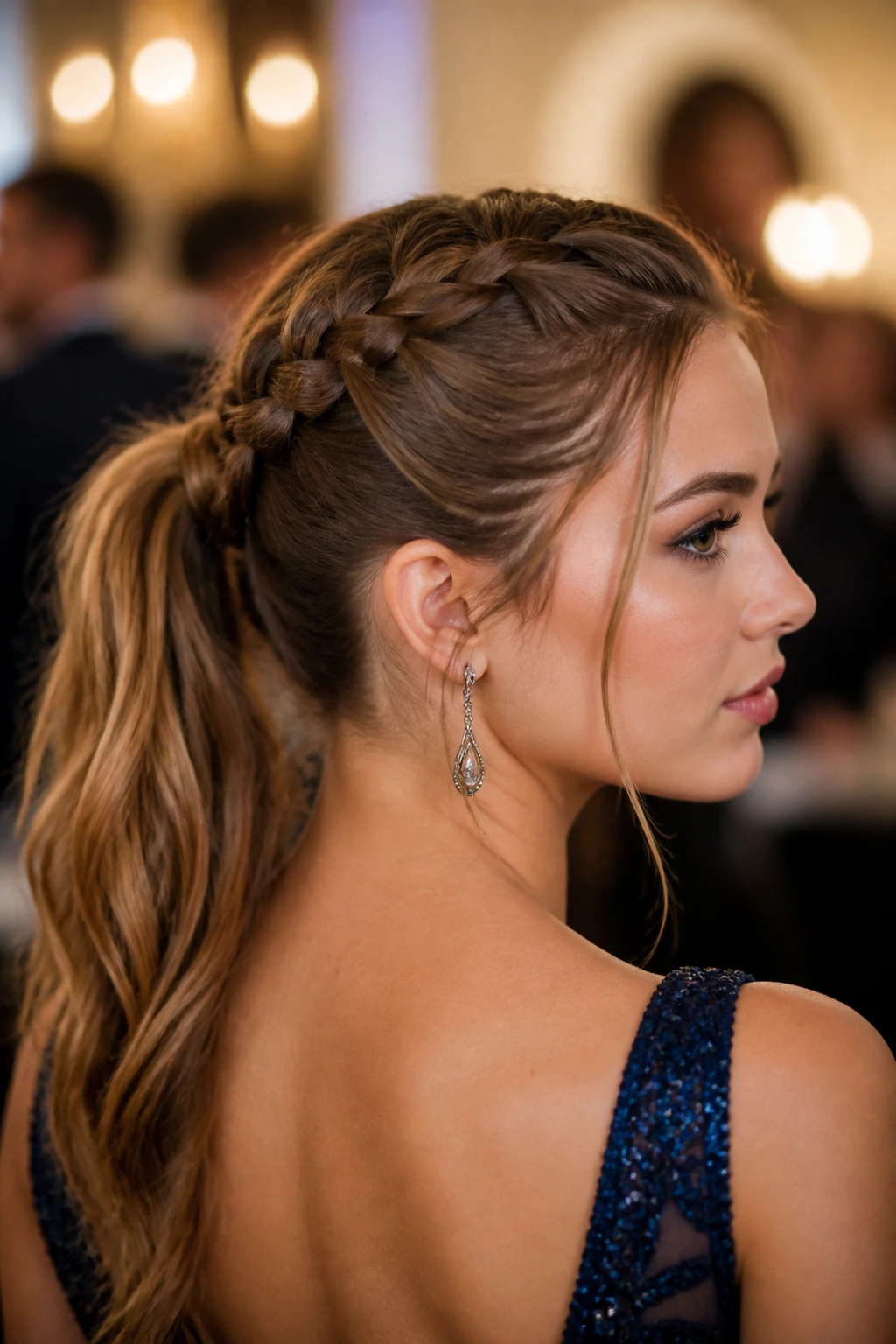 Close-up of a real woman with a French-braid leading to a ponytail