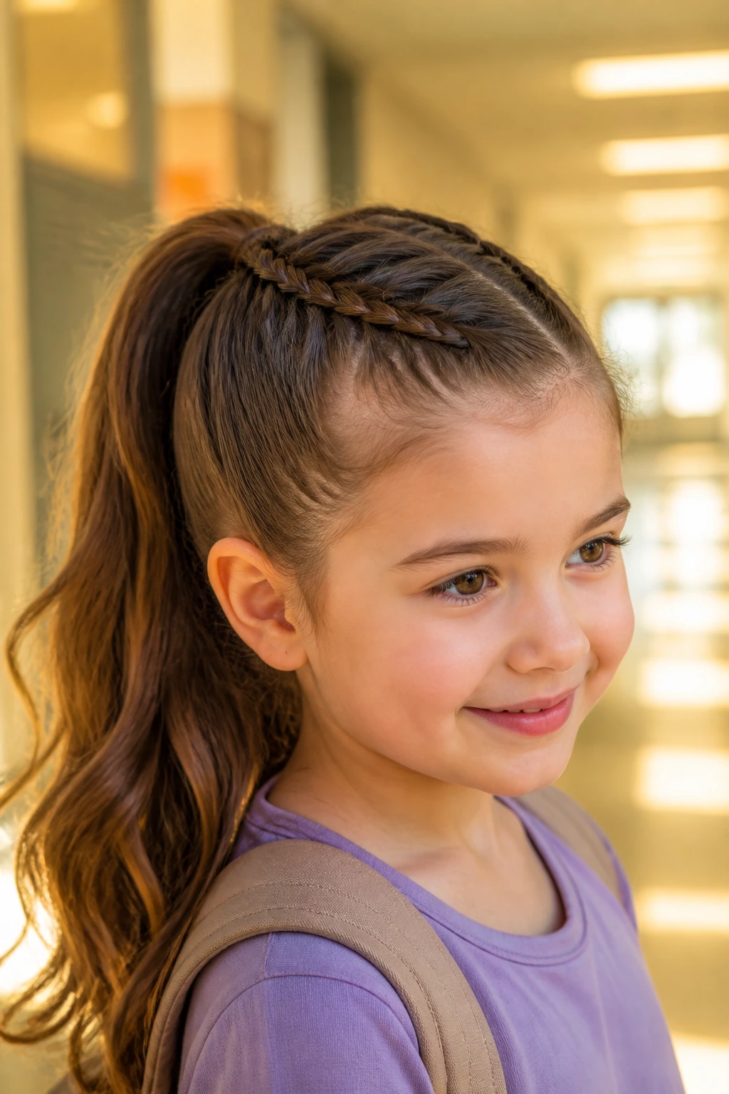 Close-up of a real girl with a French braid flowing into a ponytail