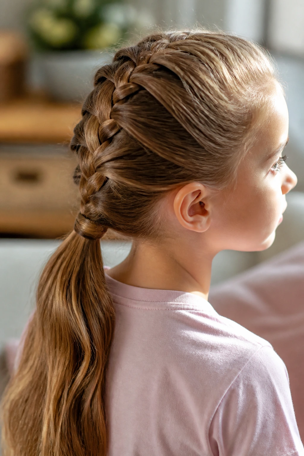 Close-up of a child with a French braid leading into a ponytail