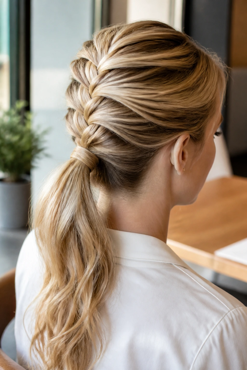 Real woman with French braid into ponytail in a work setting
