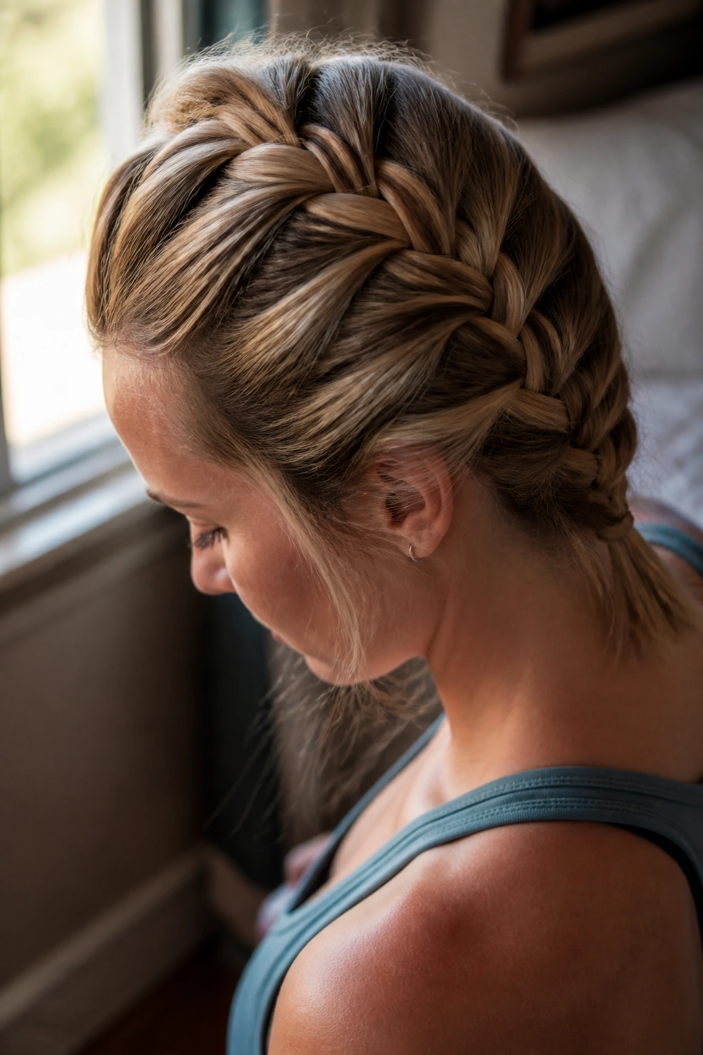 Close-up of a real person wearing a classic French braid on medium-length hair