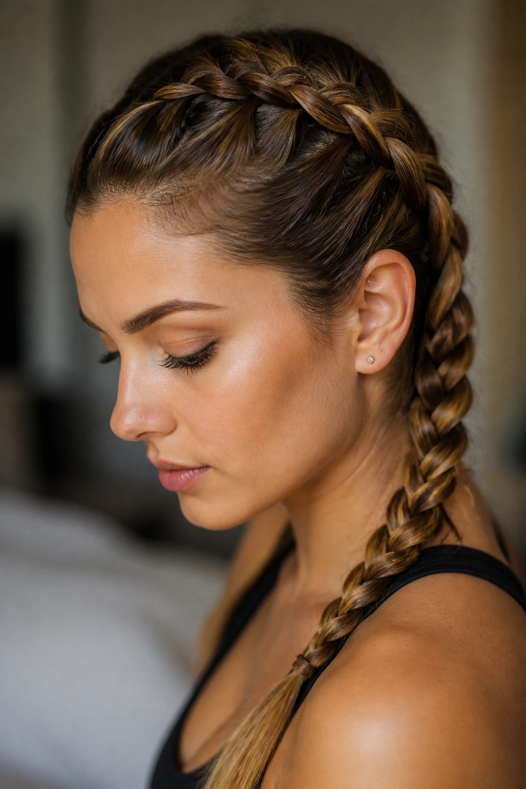 Real woman with French braid along scalp