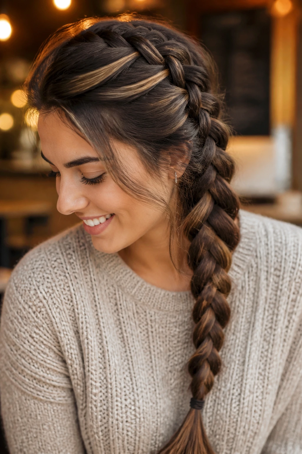 Portrait of a woman with a polished French braid over her shoulder