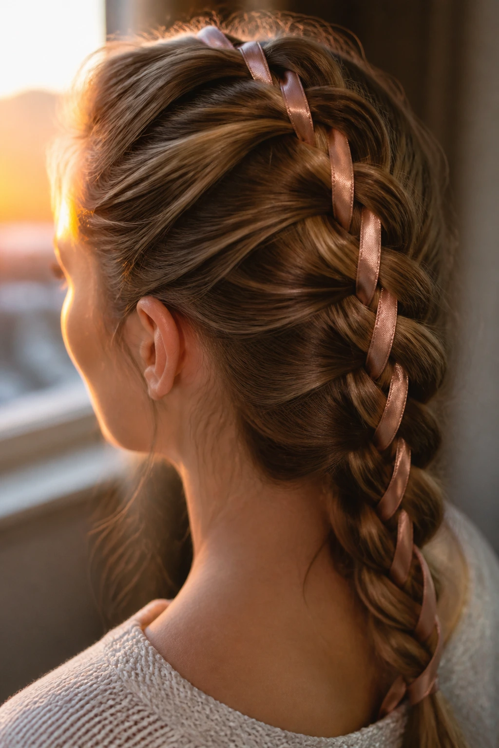 Close-up of a real woman with a French Braid featuring a slim ribbon woven along the braid