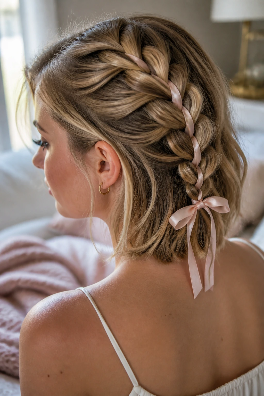 Close-up of a French braid with a satin ribbon tie on short hair.