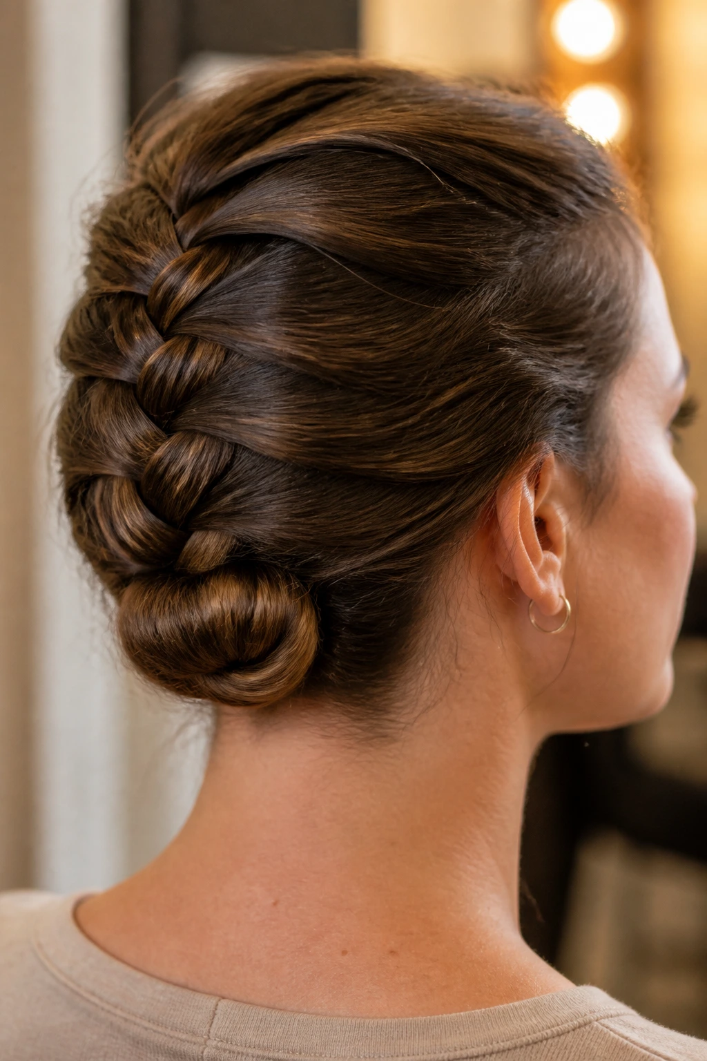 Profile of a real person with a blunt bob showing a French braid rolled into a low tuck at the nape