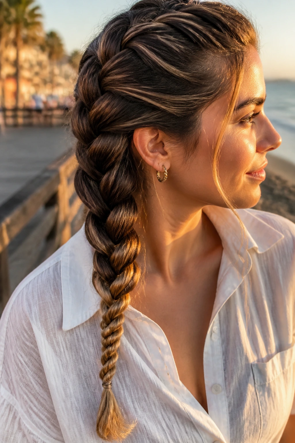 Close-up of real woman with rope-twist ends on a French braid