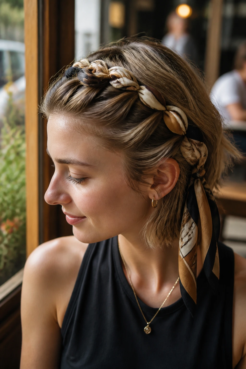 Portrait of a person with a scarf woven through a French braid