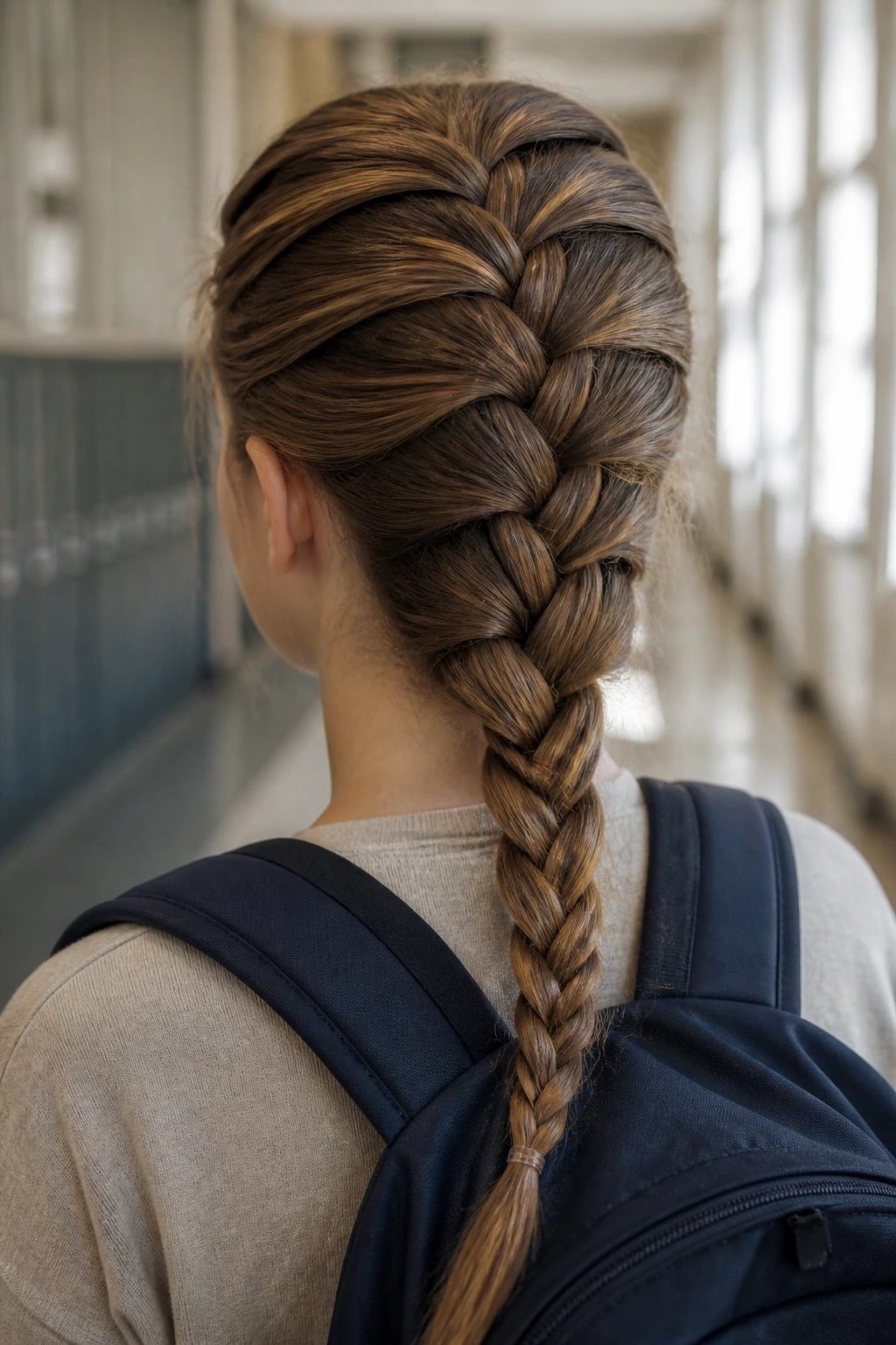 Back view of a real student with a French braid down the back