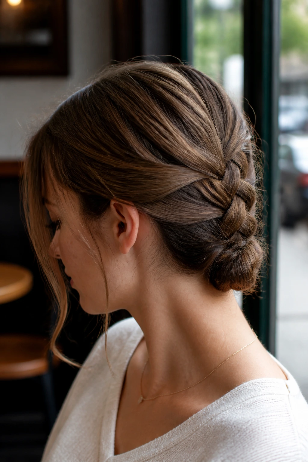 Close-up of a real woman with shoulder-length hair in a French braid