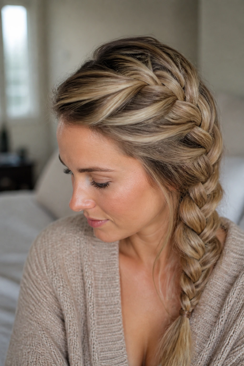 Close-up of a real woman with a loose French braid and deep side part