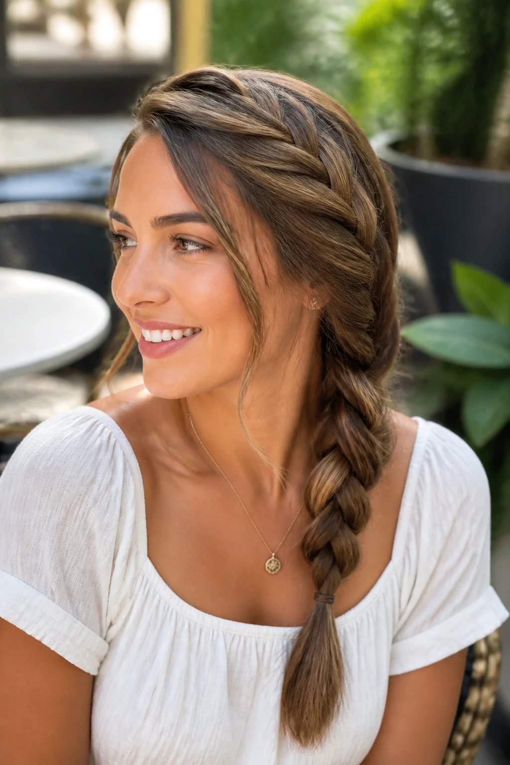 Real woman with side-swept French braid over shoulder in outdoor light