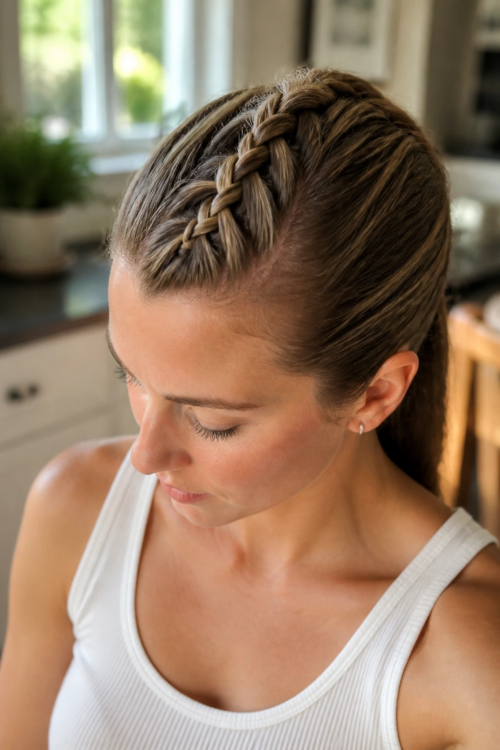 Portrait of a woman with a sleek single French braid along the crown
