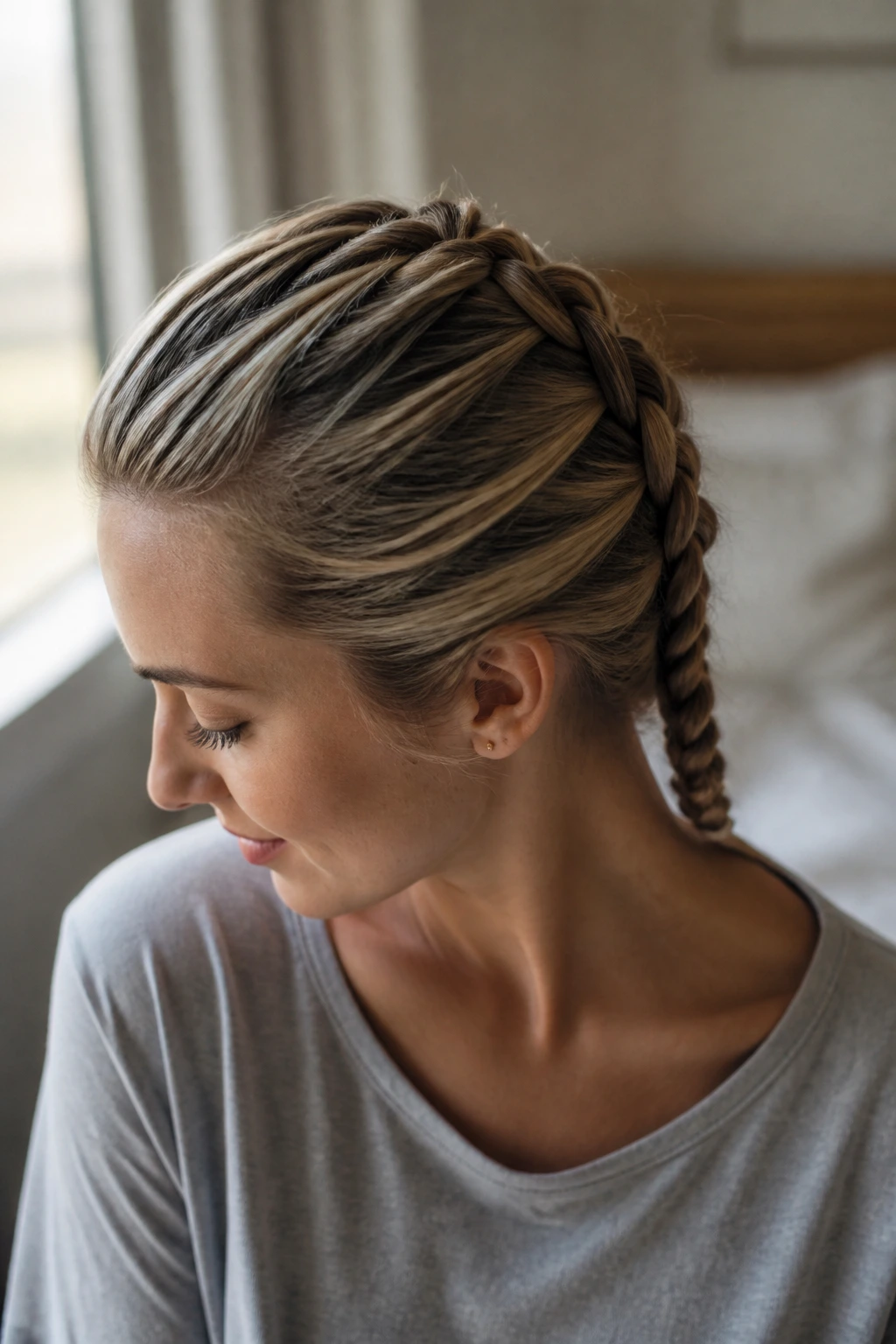Close-up of a real woman with a classic French braid from crown to nape